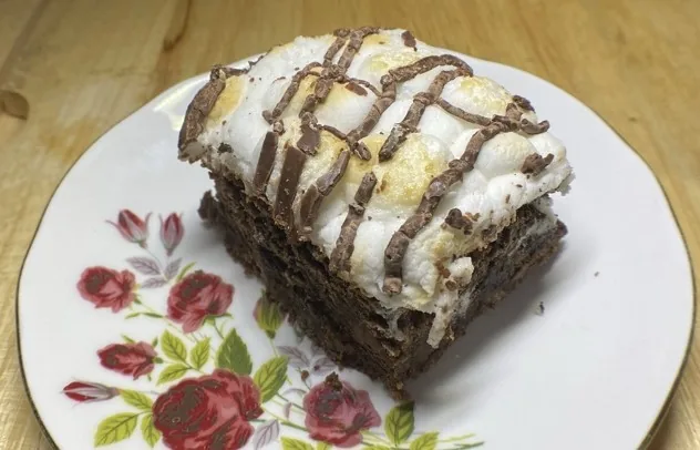 Rich chocolate brownie topped with toasted marshmallows and chocolate drizzle by Clarice Dove