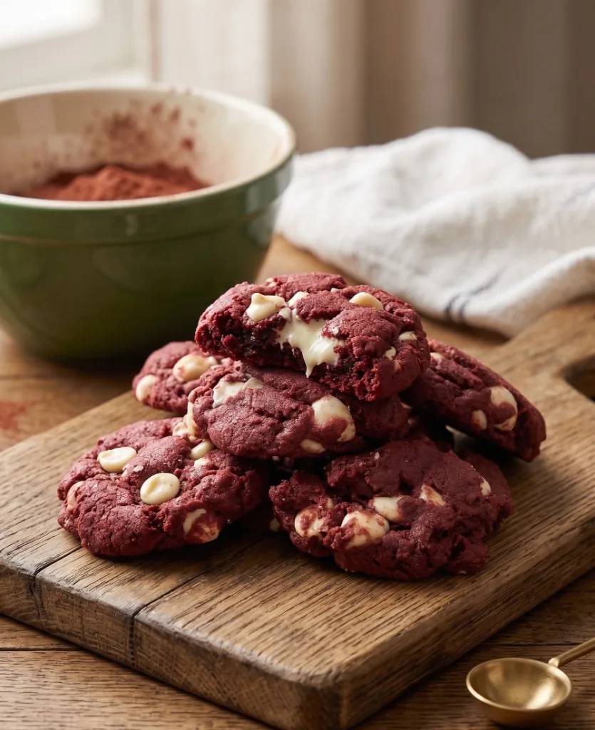 Soft baked red velvet cookies with white chocolate chips